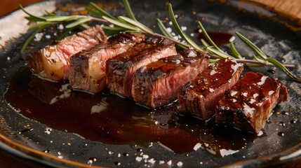 Sliced steak with a crispy exterior and rare inside, garnished with rosemary and juices on the...