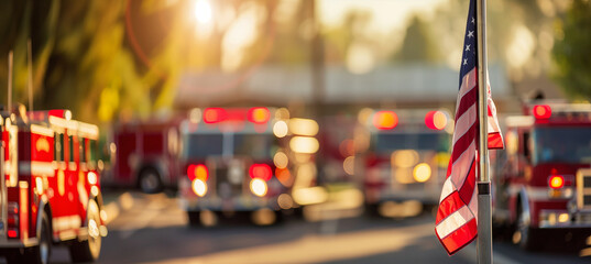 Obraz premium a close-up image of a fire station's flagpole with the national flag waving, while the blurred background includes fire engines and the station building, Fire Station, Fire Engine,