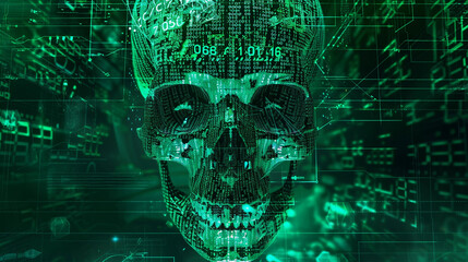 Skull created with binary codes, hacking texture background 