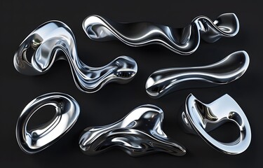 Shiny Liquid Shapes on Black Background: Abstract Chrome Art

