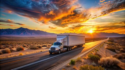 Freight truck driving on highway desert road at sunset in California, USA, delivery, transportation, logistics, semi-truck, highway, desert, roadway, sunset, American West, commercial, freight