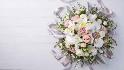 Top view of wedding flowers on white wood background