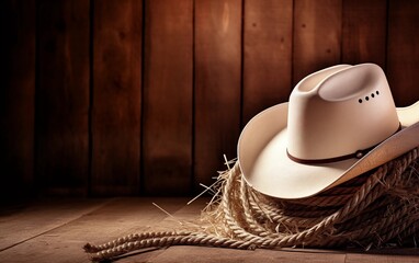 Closeup of a white cowboy hat and lasso on a bale of hay in a rustic barn interior