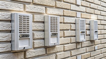 Close-up of three intercoms on a white brick wall with apartment numbers and push button door buzzers, intercoms, white wall, textured brick, apartment numbers, push button, door buzzer