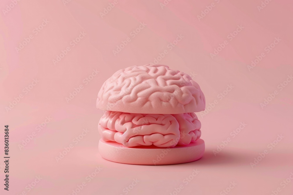 Poster pink plastic brain model on surface with background in medical science concept for research and stud