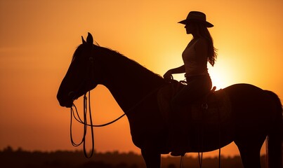Girl cowboy on horseback at sunset