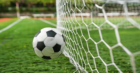 A soccer ball and a net on a soccer field