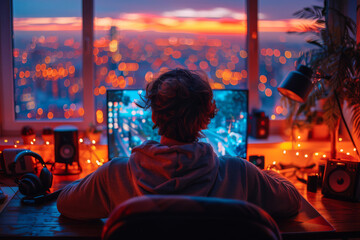 Gamer is immersed in a digital world, facing a computer monitor, surrounded by peripherals and a powerful PC, as the evening cityscape outside