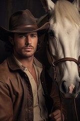 Portrait of a handsome young cowboy with a horse