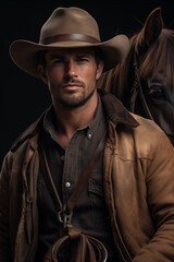 Portrait of a handsome young cowboy with a horse