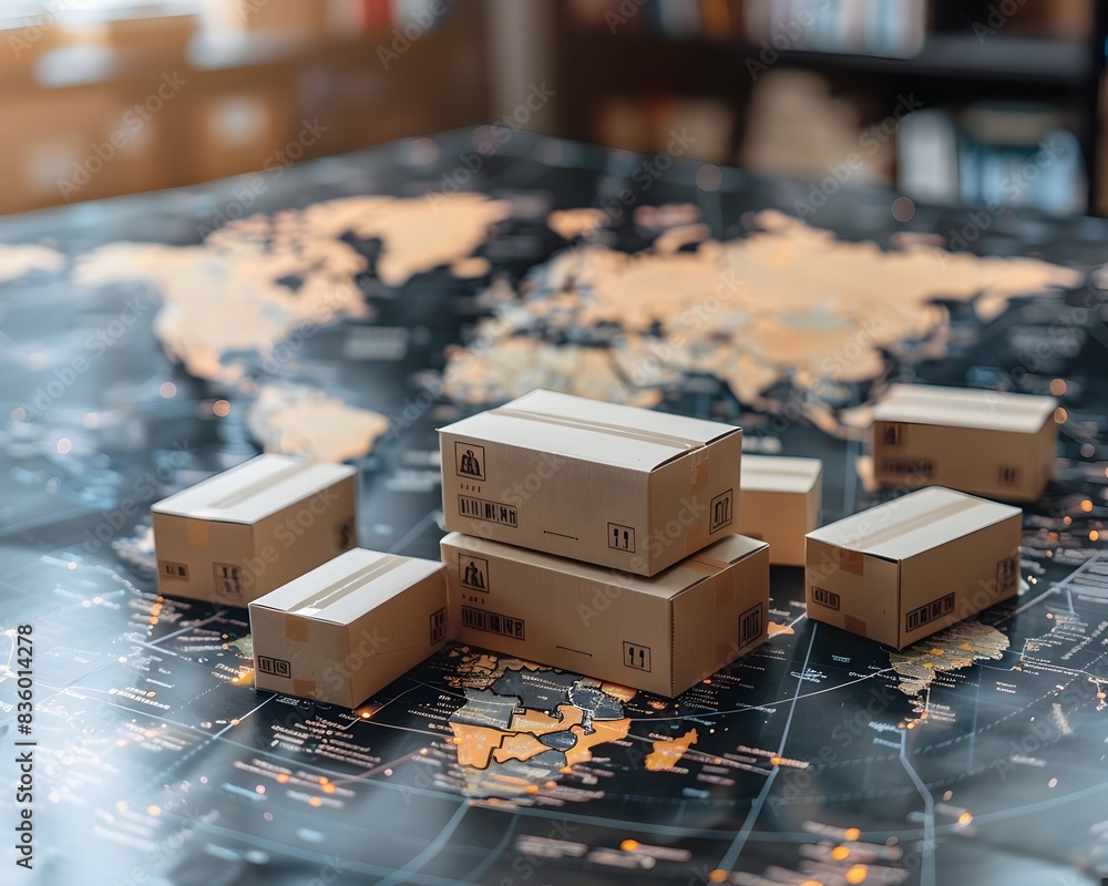 Poster setting up international shipping options for an ecommerce store with world map and packages