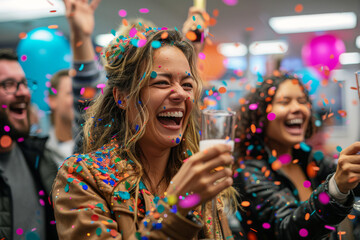 Group of office employees celebrate the holiday season with champagne toasts, confetti, and joyful laughter