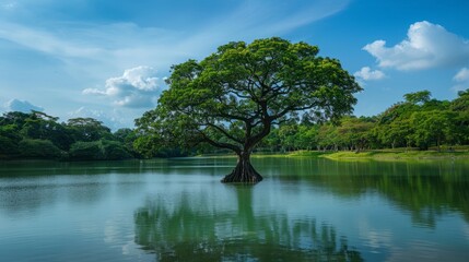one big tree in the middle around the lake