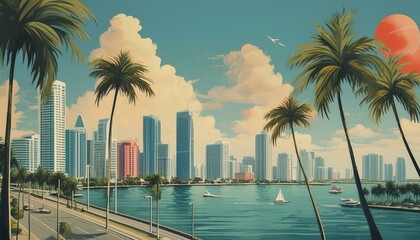 Obraz premium illustration miami beach by the sea with palm trees art design