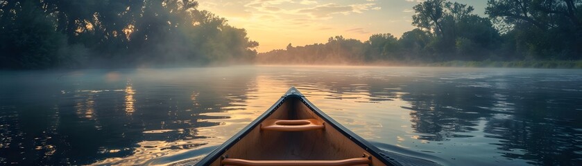 Peaceful Canoe Ride on a Misty River at Dawn
