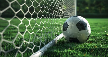 Fototapeta premium A soccer ball and a net on a soccer field
