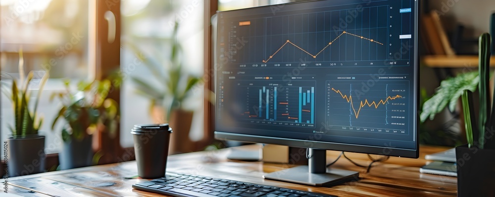 Poster detailed digital analytics dashboard monitoring e commerce metrics on computer screen