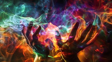 Casting spells, mystical energies, focus on, vivid hues, double exposure silhouette with sorcerers hands