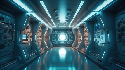 Futuristic corridor with circular architecture in a sci-fi spaceship. Image of modern corridor of...
