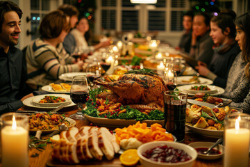 Group of colleagues enjoys a Thanksgiving meal together, with a table full of roasted turkey, cranberry sauce, and classic holiday dishes