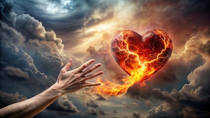 Passionate hand reaching for fiery heart in stormy sky, symbolizing love amid chaos , love, passion, fiery, heart, stormy, sky, chaos, emotion, connection, drama, dramatic, intense, concept