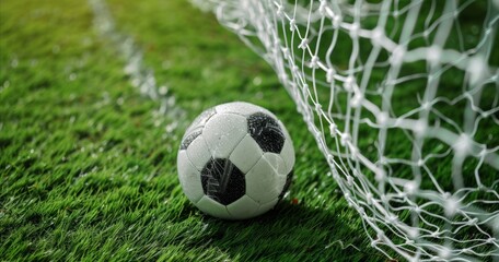 A soccer ball and a net on a soccer field