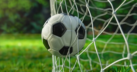 A soccer ball and a net on a soccer field
