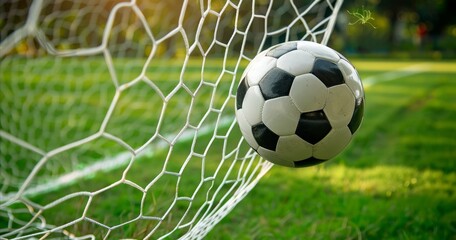 A soccer ball and a net on a soccer field