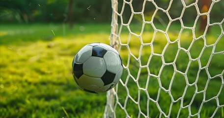 A soccer ball and a net on a soccer field