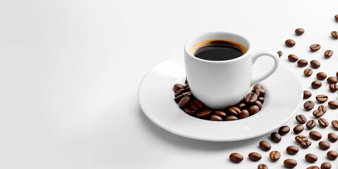 Coffee cup and beans on a white background.