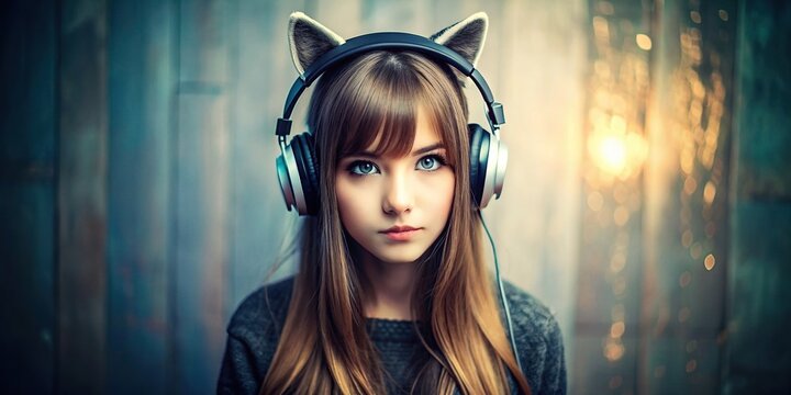 Chica con orejas de gato y audifonos sin personas en la imagen, gato, audifonos, orejas, joven, moda, tecnologia, musica, linda, aislado, blanco, animal, femenina, azul, femenino