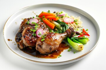 Savory Chicken Coq au Vin with Scallion Wonton Noodle Cake and Fried Wonton Garnish
