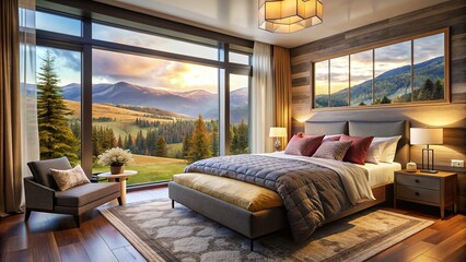 A cozy bedroom with a large window overlooking a serene landscape, featuring a plush bed and warm...