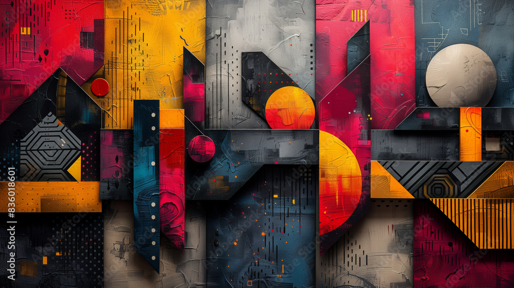 Poster a vibrant abstract painting showcasing a variety of colors and shapes in a dynamic composition.