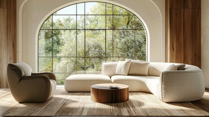 Explore a luxurious mid-century modern living room with a beige sofa and armchair, highlighted by arched windows in this stylish interior design.
