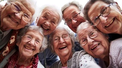 A heartwarming group selfie of joyful elders sharing laughs and smiles