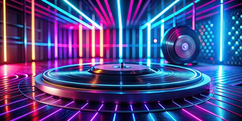 A vinyl record spins in a dark room with neon lights, showcasing a retro dance party , vinyl, record, groove, retro, dance, neon lights, celebration, timeless, past, present, fusion, music