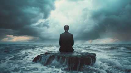 Obraz premium Man in a suit meditates on a rock in the middle of the vast ocean, under a dramatic sky