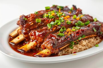 Fototapeta premium Asian-Style Braised Short Ribs on Fluffy Jasmine Rice with Zesty Notes