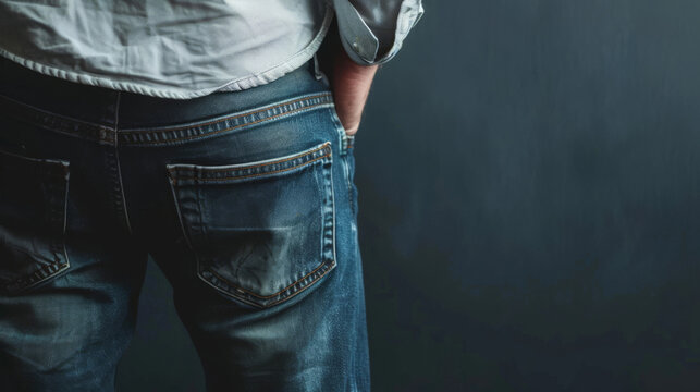 Close-up shot of a person showcasing the intricate details of denim jeans back pocket