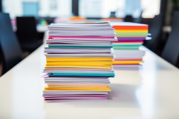 stack of colorful documents representing financial success and growth, arranged neatly on a white desk.