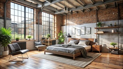 Modern loft bedroom interior design featuring minimalistic furniture and exposed brick walls ,...