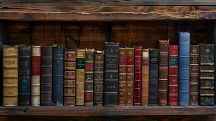 A panoramic photograph showcasing a rustic wooden bookshelf, laden with neatly stacked books. Each spine displays the word NoIn in a uniform font, creating a visually striking and intriguing pattern