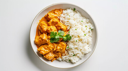Top view of chicken tikka masala with rice in plate isolated on white background