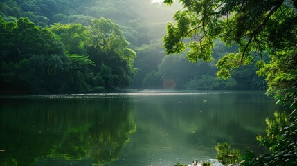 A scenic photograph capturing the tranquility of a lake nestled amidst dense foliage. Sunlight filters through the trees, casting a warm glow on the water