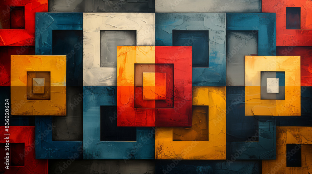 Poster geometric shapes dominate this abstract painting, with squares and rectangles creating a structured 