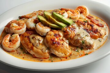 Fototapeta premium Vibrant Aztec Chicken and Shrimp with Creamy Garlic Sauce