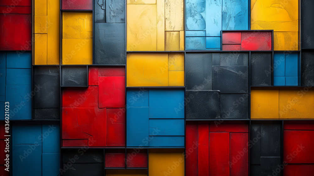 Poster a bold and colorful abstract composition featuring a variety of squares and rectangles in different 