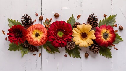 Autumn flowers on white background autumn fall concept flat lay top view