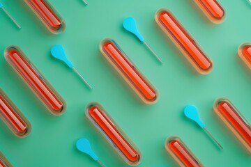 Obraz premium Medical supplies group of red and blue syringes with spoon on green surface for healthcare concept